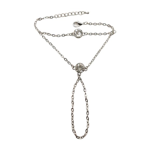 New Women Silver Metal Hand Chain Fashion Bracelet Connected Ring 2 Bling Beads - Picture 7 of 17